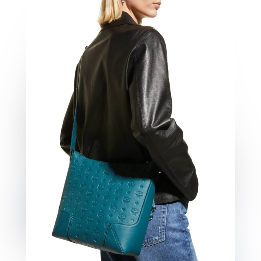 Mcm Aren Hobo in Monogram Leather Deep Teal Monogram Leather NWT - Picture 10 of 11
